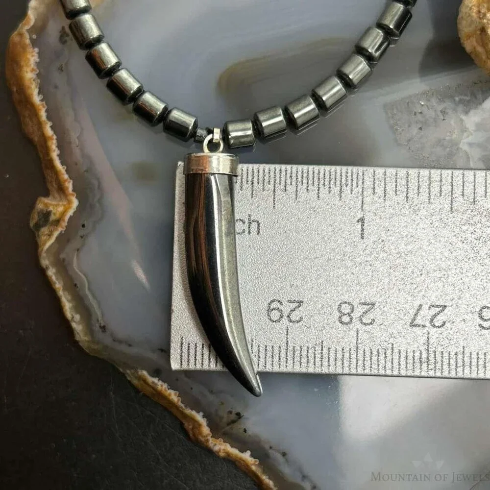 Hematite Beads with Hematite Fang Pendant Unisex 16